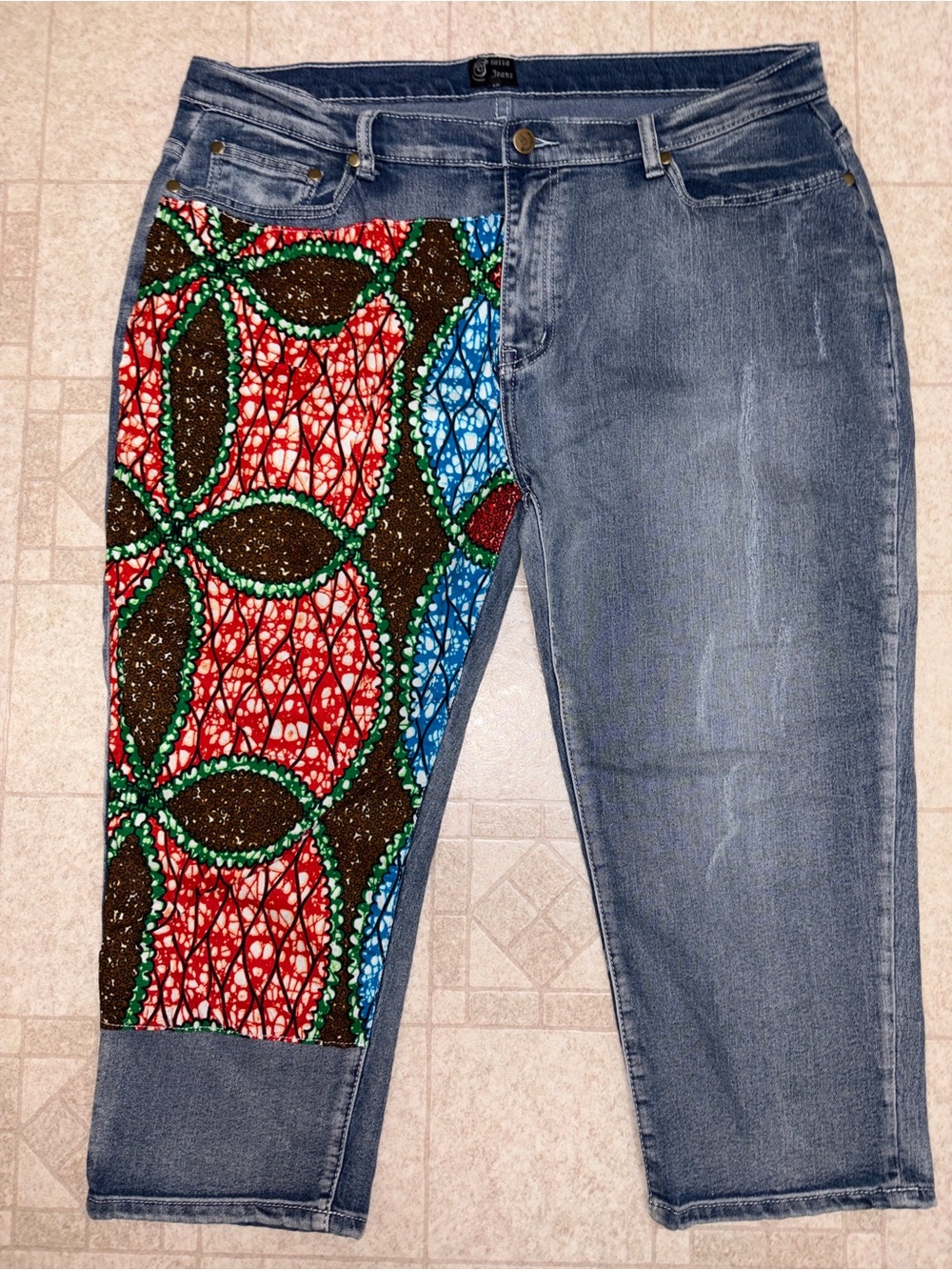 African Patchwork Crop Denim Pants Women’s Size 16W Statement Denim Siatta Jean